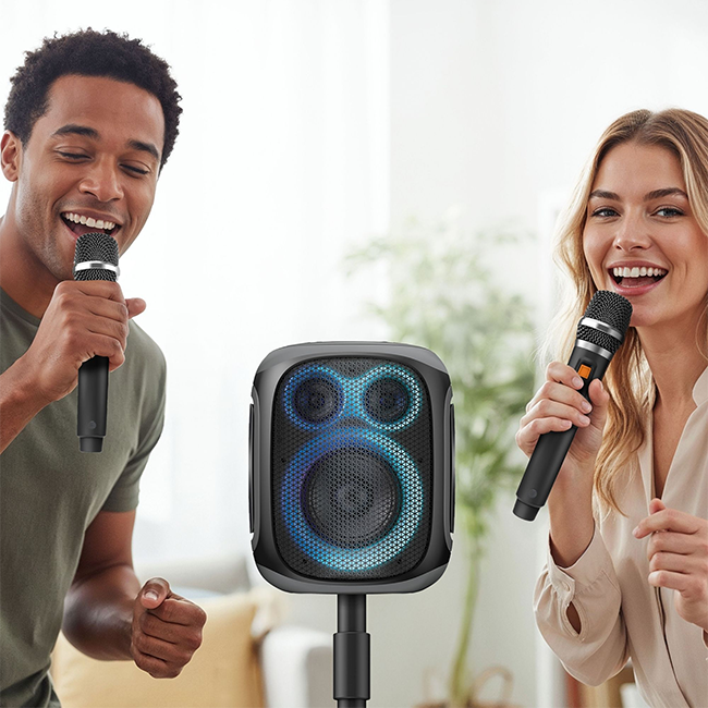 AT&T Essentials 120W Karaoke Bluetooth Speaker with Two Wireless Microphones + Stand - Black  (Product view 5)