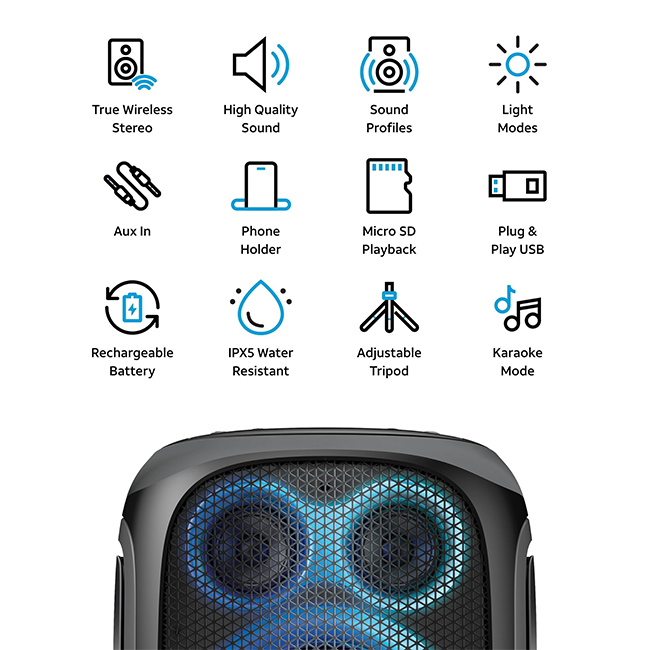 AT&T Essentials 120W Karaoke Bluetooth Speaker with Two Wireless Microphones + Stand - Black  (Product view 6)