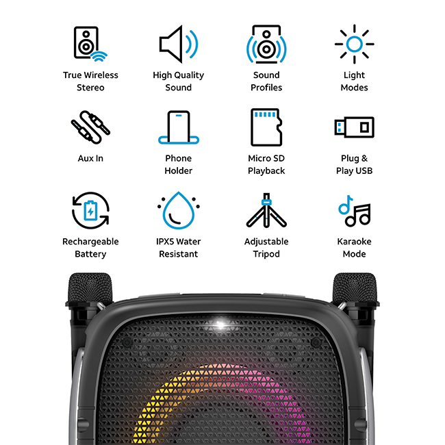 AT&T Essentials 80W Karaoke Bluetooth Speaker with Two Wireless Microphones + Stand - Black  (Product view 6)