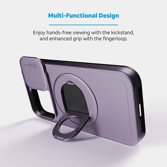 AT&T Essentials Magnetic Utility Case with Camera Cover and Kickstand + Finger Loop - iPhone 15 Pro - Purple  (Product view 4)