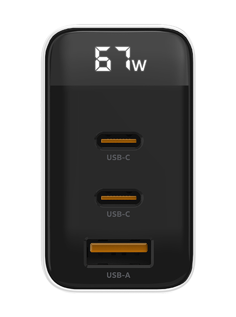 AT&T Essentials Multi Port 67W GaN Wall Charger with LED Display (2 USBC + 1 USBA) - White  (Product view 7)