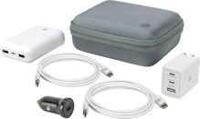 Power Kit with 70W Multi Port Wall Block, 30W Car Charger, 2 C to C Cables, and 10K Power Bank