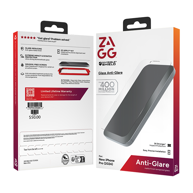Zagg Invisible Shield Glass Anti-glare Anti-fingerprint Antimicrobial Screen Protector - iPhone 16 Pro - Clear  (Product view 4)